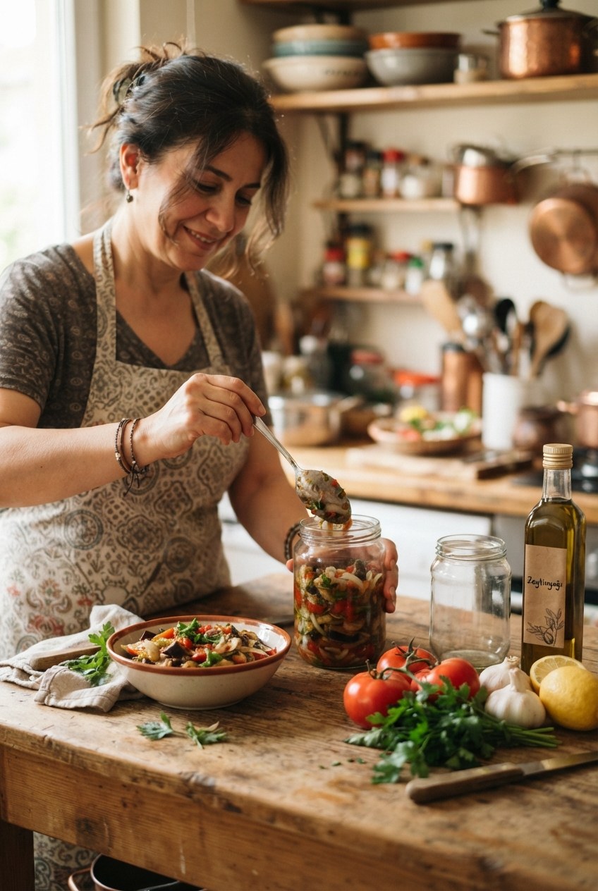 Cuma Sofrası mutfağında zeytinyağlı meze hazırlığı